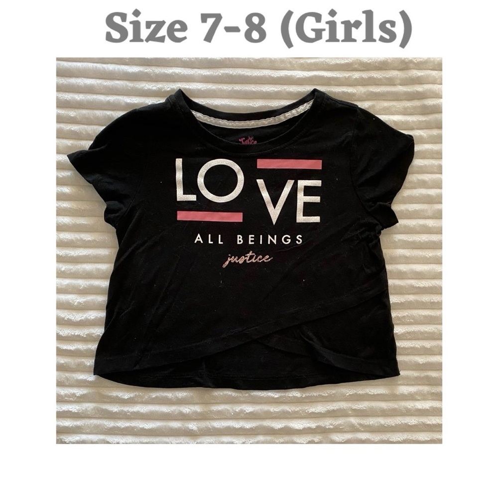 Justice Black Tee with Pink and White Love Design